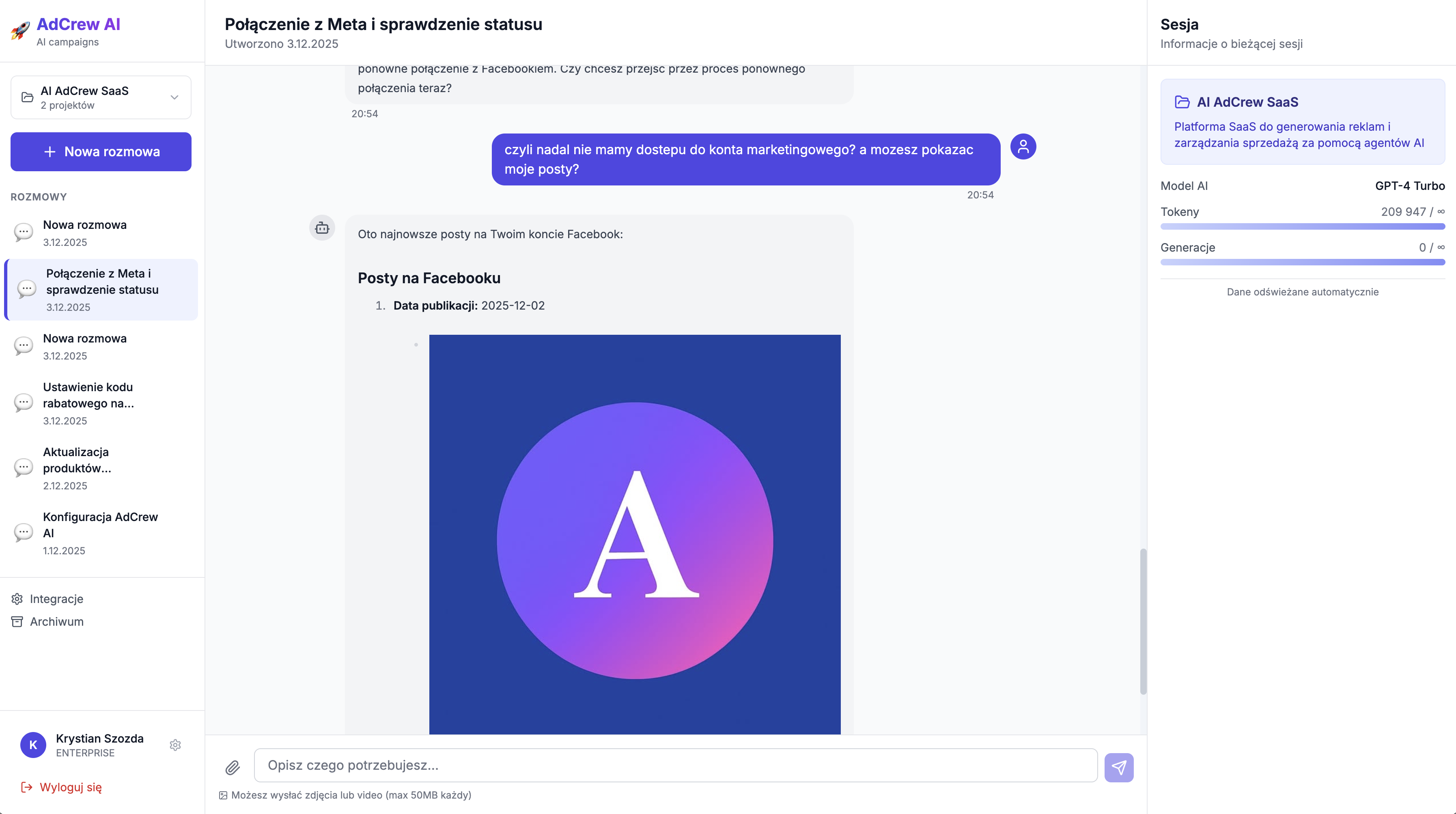 Interfejs czatu AI AdCrew AI - rozmowa z asystentem AI