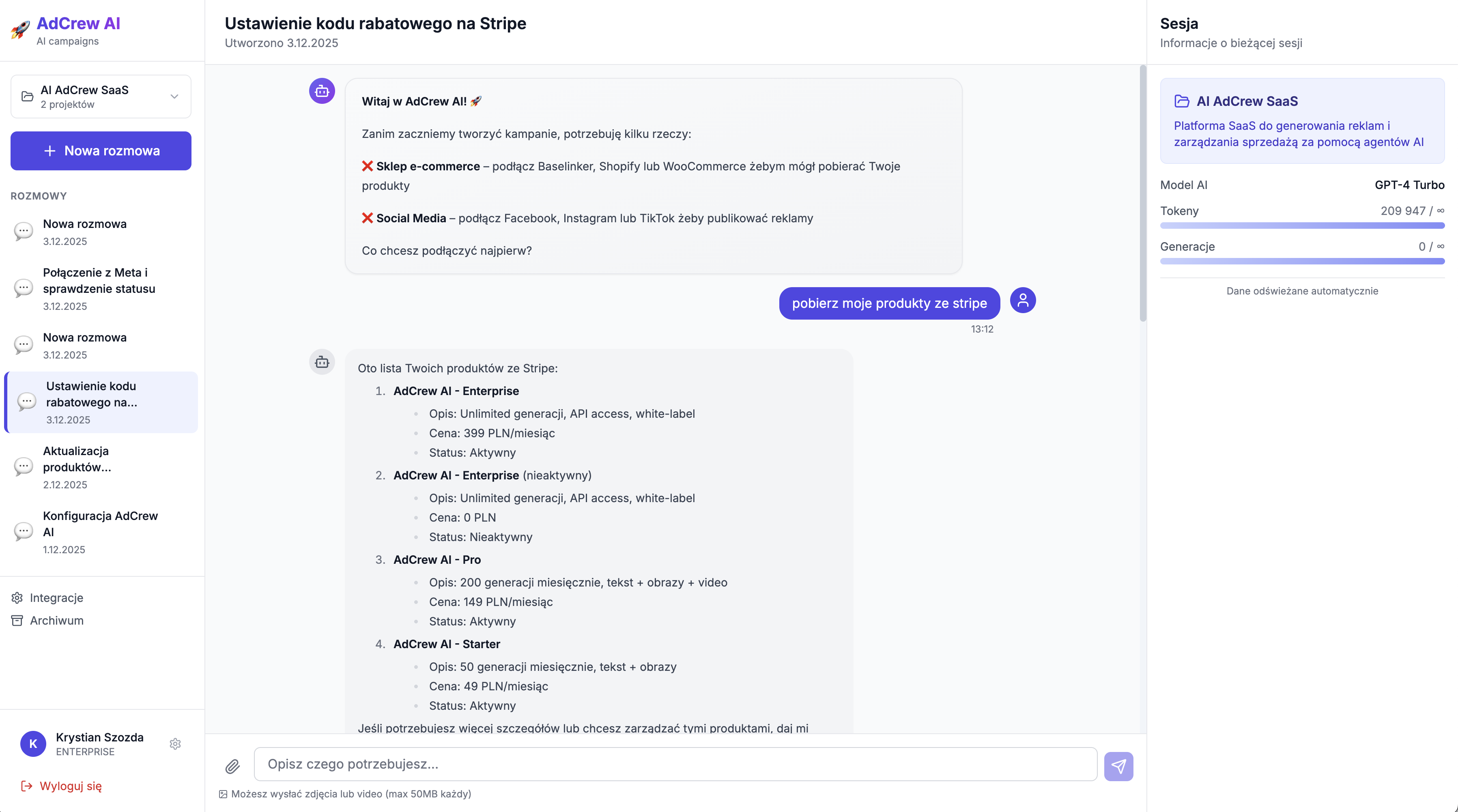 Dashboard AdCrew AI - widok główny aplikacji z trzema kolumnami